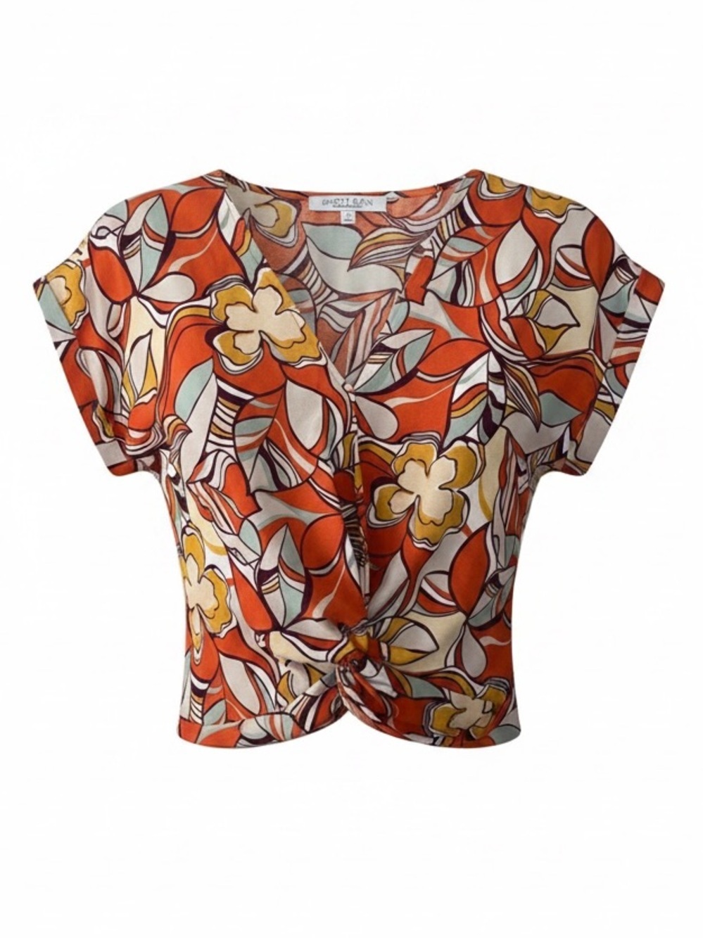 Sweet Rain Orange Multicolor Floral Tie-Front Blouse